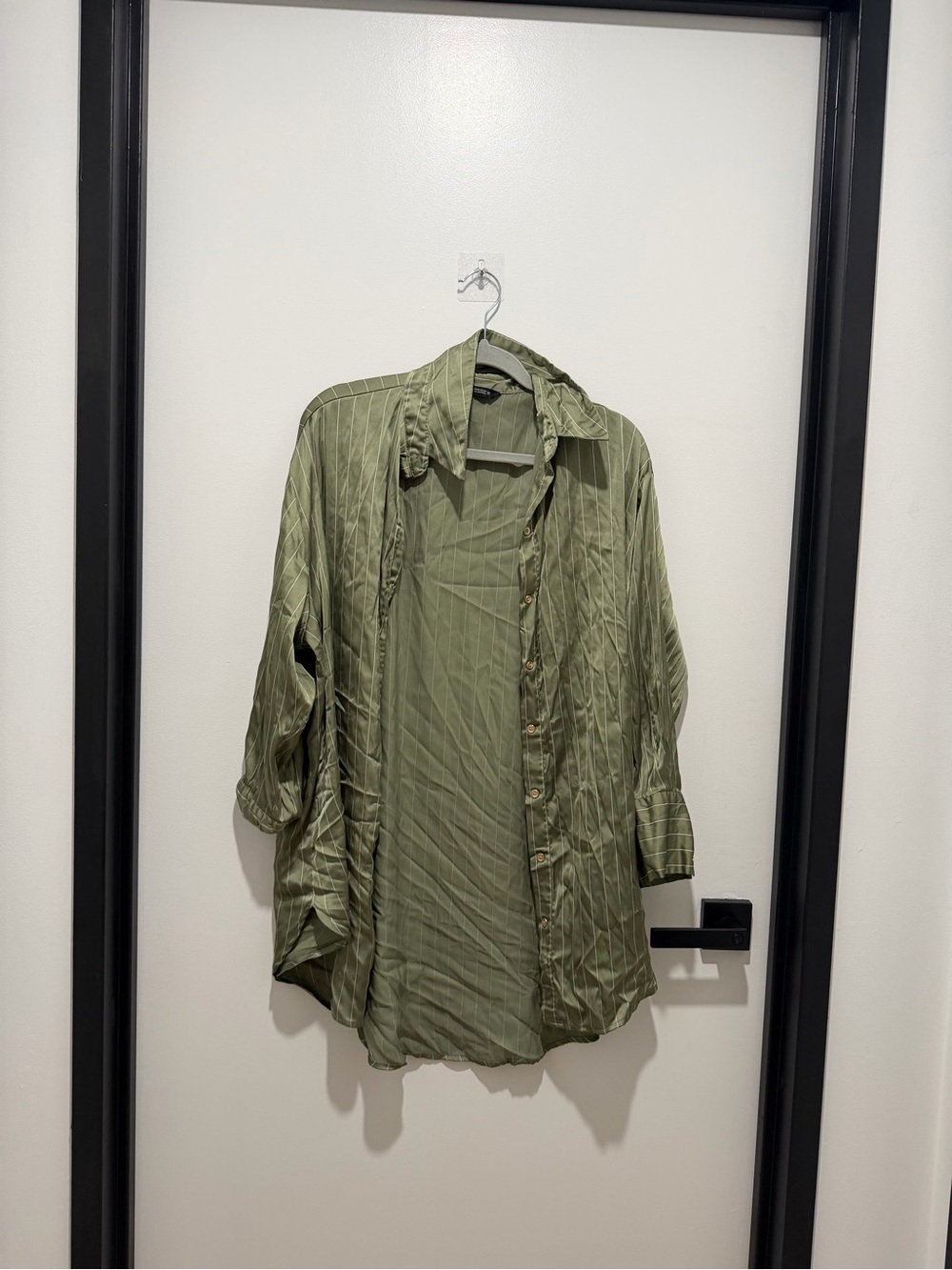 Zara Olive Green Striped Casual Button-Down Shirt